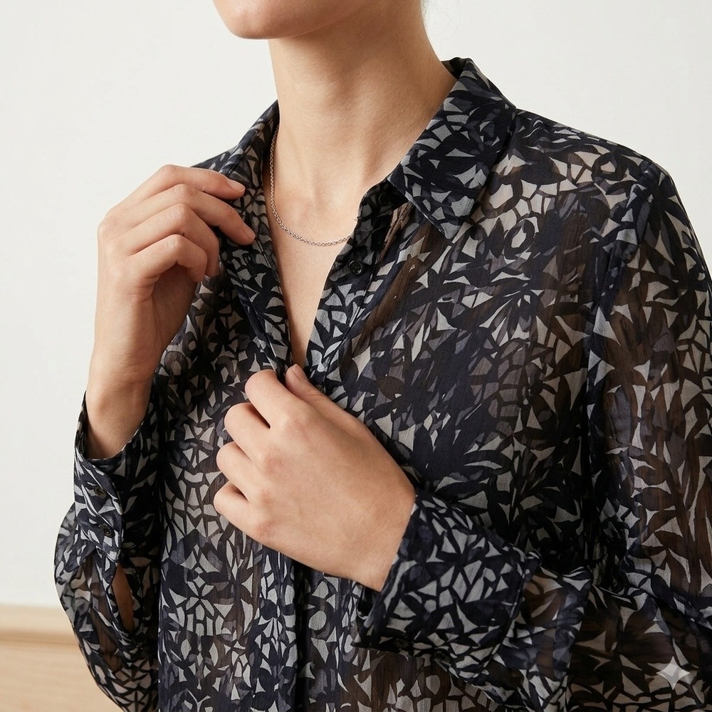 J.Crew Womens Blouse Size 8 Midnight Botanical Dark Coquette Sheer V-Neck